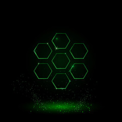 A large green outline hive symbol on the center. Green Neon style. Neon color with shiny stars. Vector illustration on black background