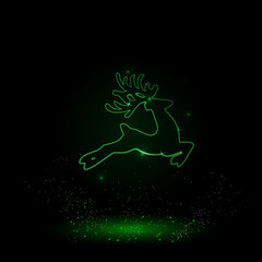 Obraz na płótnie Canvas A large green outline Christmas deer on the center. Green Neon style. Neon color with shiny stars. Vector illustration on black background