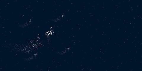A flamingos symbol filled with dots flies through the stars leaving a trail behind. Four small symbols around. Empty space for text on the right. Vector illustration on dark blue background with stars
