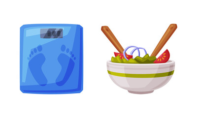 Bowl of fresh vegetable salad and floor scales. Healthy diet concept vector illustration