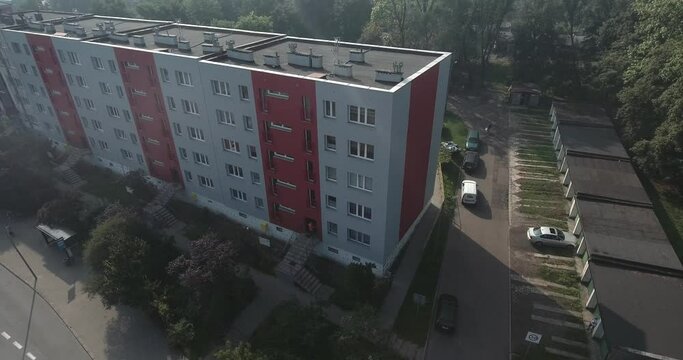 Remastered Communist Buildnig. Aerial Shot Of Concrete Apartment Block 4K