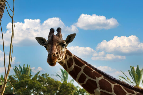 Giraffe neck and head looking at the camera against the clear blue sky with white clouds and blurred green trees. Headshot of a Masai Giraffe with space for text. Cute face of a wild animal giraffe's