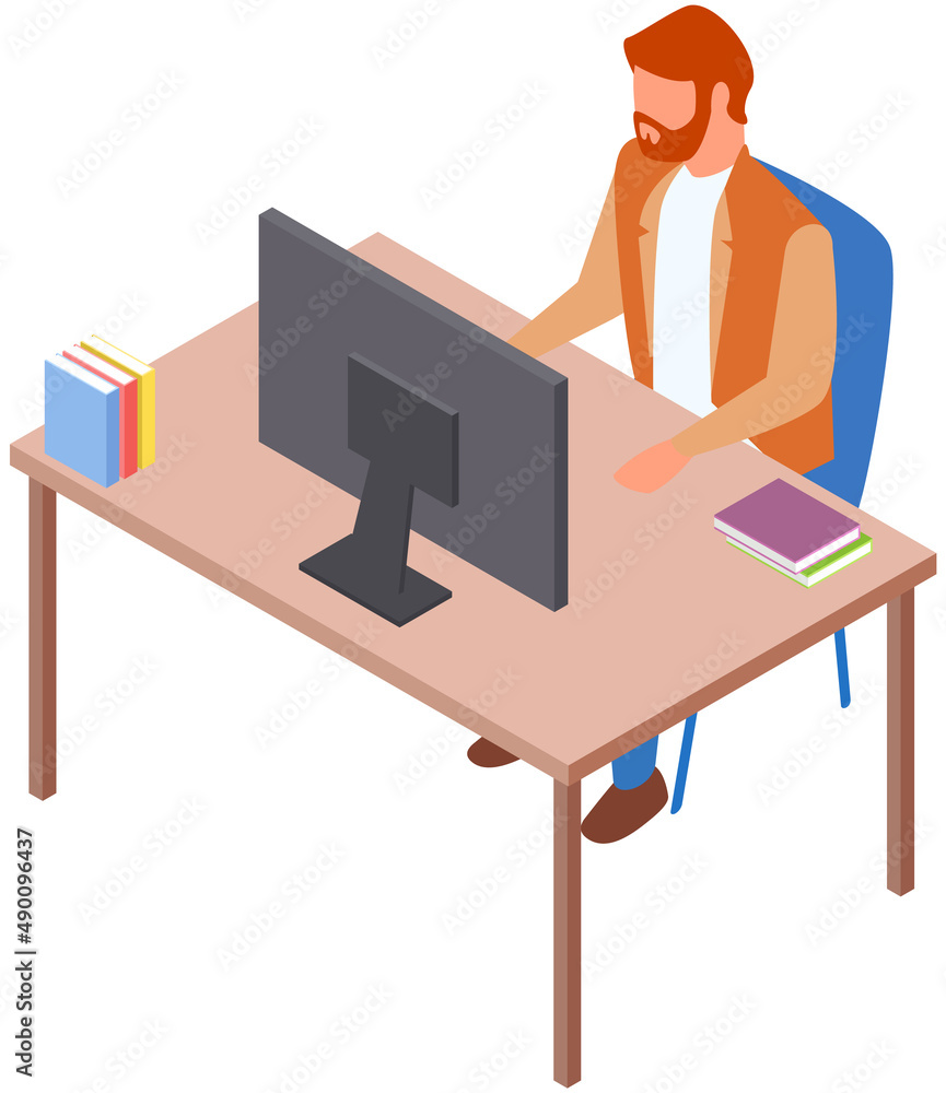 Aufkleber office workplace. business man professional working with laptop and documents on table isolated illu