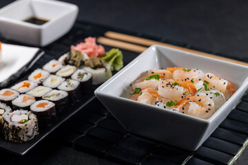Various dishes of Asian cuisine with typical sushi