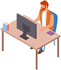 Office workplace. Business man professional working with laptop and documents on table isolated illustration. Employee working from home, remote job using personal computer for tasks completion