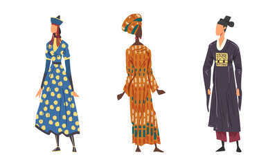 People in national clothing set. Man and women in traditional outfit of Mongolia, Japan, African cartoon vector illustration