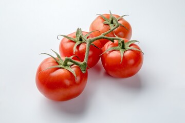 four tomatoes on a vinetomatoes on vine, vine, plant, vitamin, tasty, cherry, background, closeup, cooking, diet, food, four tomatoes, fresh, fresh tomatoes, freshness, green, health. white background