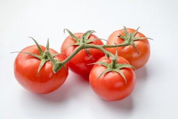 four tomatoes on a vinetomatoes on vine, vine, plant, vitamin, tasty, cherry, background, closeup, cooking, diet, food, four tomatoes, fresh, fresh tomatoes, freshness, green, health. white background