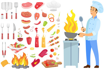 Man preparing dish on fire, hot meal. Professional chef works with kitchen equipment to prepare food. Male character fries barbecue dish. Grill ingredients and equipment vector illustration