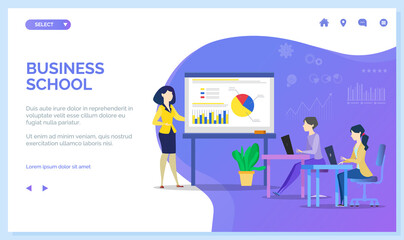 Fototapeta premium Website with business school. Woman coach gives presentation to students. People study statistics, outline business lesson in online school. Teacher shows statistical report with diagraams and charts