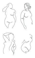 Collection. Beautiful woman figure silhouette in modern single line continuous style. The girl is fat and overweight. The lady is standing. Set of vector illustrations.