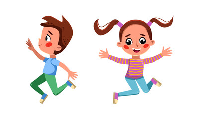 Happy boy and girl jumping. Funny kids having fun together cartoon vector illustration