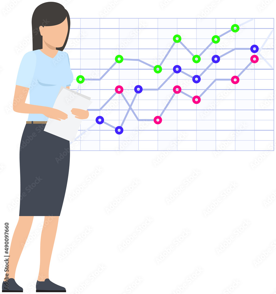 Aufkleber woman studies statistics on presentation. female character while working or studying with report. gi