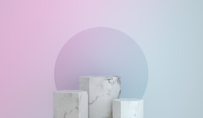 Marble hexagon podium pedestal product display on gradient rainbow background with minimalist backdrop studio.