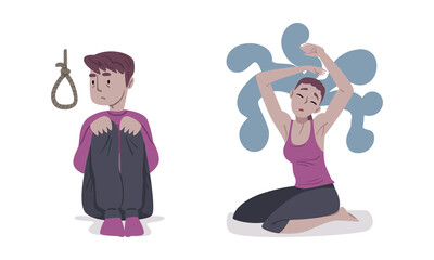 Mental health problems set. Depressed girl feeling confusion of thoughts, desperate boy thinking of suicide vector illustration