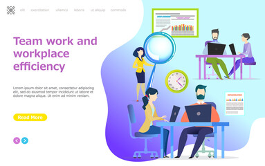 Team work and workplace efficiency concept. Business website landing page template flat style. Employees brainstorming, discussing business development. Colleagues working together, teambuilding