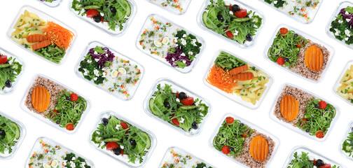 Many containers with different tasty food on white background, top view. Collage