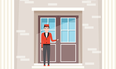 Doorman standing in front of hotel entrance doors. Young man in uniform working as belboy. Hotel employee opening doors to visitors. Male doorman near large building gates vector illustration