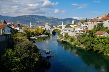 Fototapeta na wymiar Historical Stari Most bridge over Neretva river in Mostar Old town, Balkan mountains, Bosnia and Herzegovina