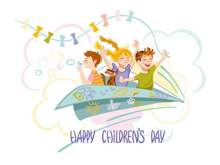 Children play and fly on an imaginary plane. Children's day. Vector illustration.