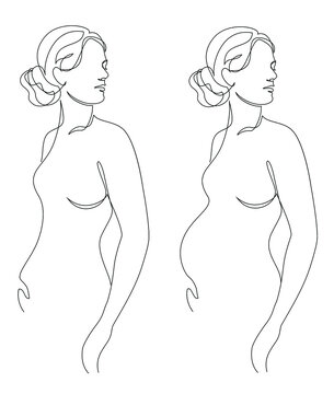 Silhouettes of a slim girl figure in a modern single line style. The woman is pregnant. Solid line, aesthetic decor outline, posters, stickers, logo. vector illustration set.