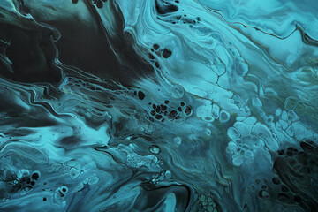 Fluid Art. Fluorescent blue waves with golden particles on black background. Marble effect...