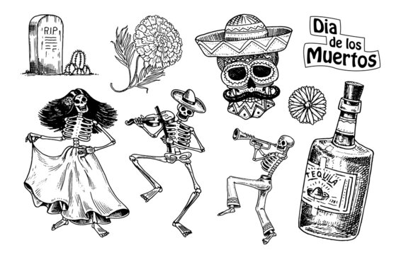 Day of the dead. Mexican national holiday. Original inscription in Spanish Dia de los Muertos. Skeletons in costumes dance, play the violin, trumpet and guitar. Hand drawn engraved sketch.