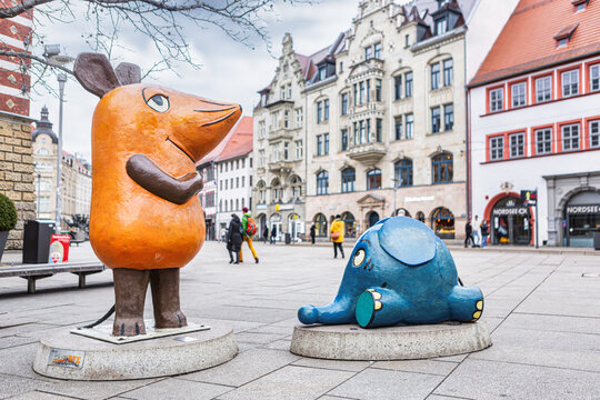 Erfurt, thuringia, germany - February 20th, 2022: Statue of the mouse and the elephant of MouseTV (Kika, Die Sendung mit der Maus) at the town centre of erfurt city