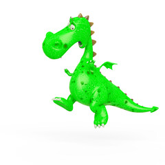 baby dragon is jumping and looking down because he is afraid on white background with copy space
