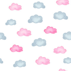Watercolor seamless pattern multicolored clouds. Pink. Blue.