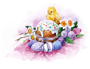 Obraz na płótnie Canvas Chicken and cake with spring flowers and colorful Easter eggs with polka dots. Hand-drawn watercolor illustration isolated on white background. Bouquet of tulips, daffodils and willow . 