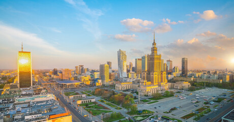 Aerial photo of  Warsaw city downtown skyline in Poland