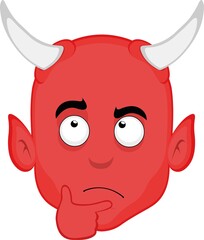 Vector illustration of a cartoon demon face with a thinking or doubt expression