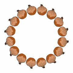 Round frame with cute onions on white background. Vector image.