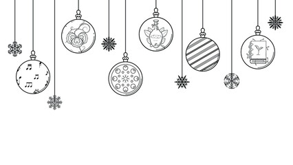 Black Doodle Outline Simple Line Abstract Merry Christmas Xmas Balls With Snowflakes Holiday Decorations Happy New Year Background Vector Design Style
