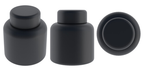 black bottle mockup,black circle lid,black bottle material,isolated on white background,3d rendering