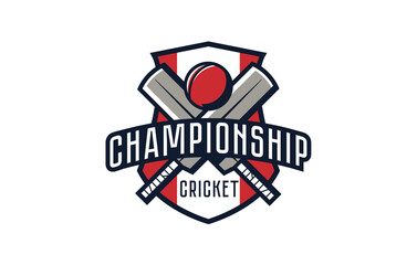 Logo, emblem of the cricket championship. Colorful emblem of the championship with a ball and bats on the background of the shield. Cricket sport tournament logo template. Isolated vector illustration