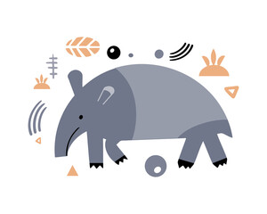 Cute decorative tapir. Animals of Asia, America. Scandinavian hand drawn vector illustration. Minimalistic geometric icon. Baby print for nursery.