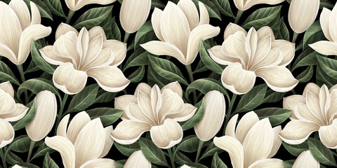Fototapety  Magnolia flowers, floral background, tropical seamless pattern, luxury wallpaper. Green leaves. Dark vintage hand-painted watercolor 3d illustration. Printable modern art, stylish hd mural, tapestry