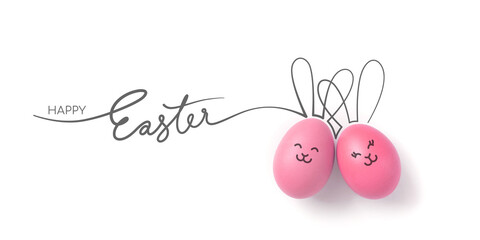 Happy Easter day banner by calligraphy lettering continuous single line and couple easter bunny eggs pink embrace isolated on white background.