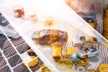 car with calculator and money on wood table. auto loan concept.