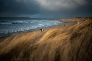 walking on grassy sand dune  beach during sunset, stormy sky background.