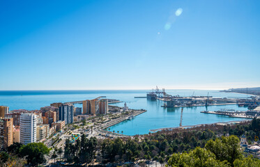 Panoramic view over the harbor of Malaga, Spain
