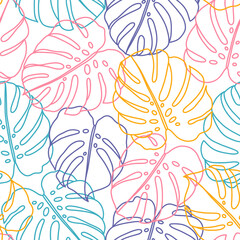 Fototapeta na wymiar Colorful outlined monstera leaves vector pattern