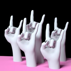 3D illustration of the hands showing "horn sign" gesture associated with heavy metal and rock music culture.