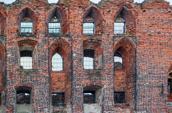 Wall with loophole windows. Fragment of Tilsit castle. Sovetsk. Kaliningrad region. Russia