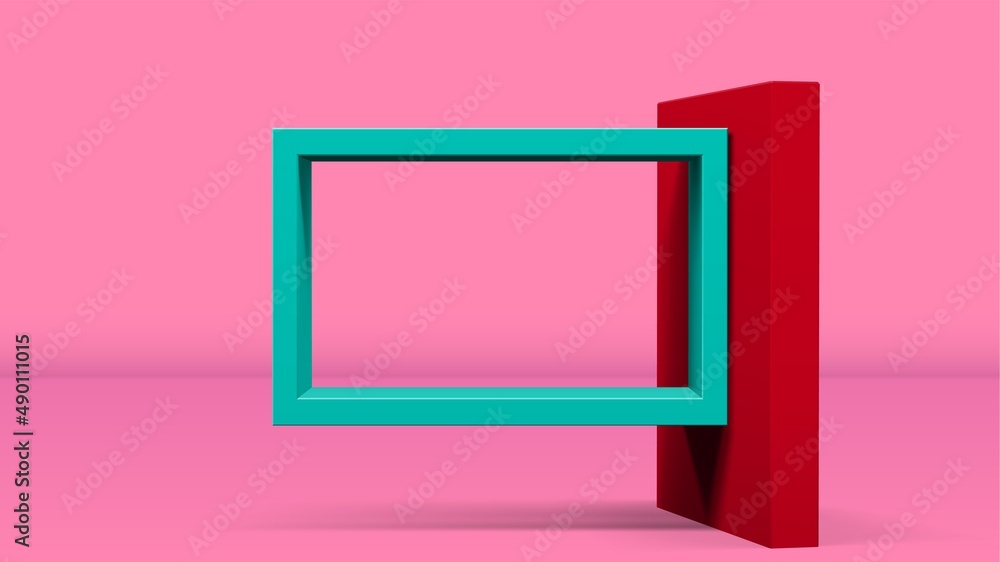 Poster 3d frame on stand or abstract minimalistic rectangle composition with the colorful room on the backg