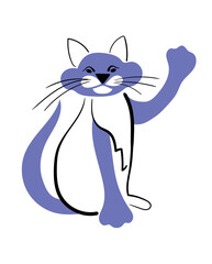 Cute funny cat, painted in the color of Veri Peri, he waves hello. Doodle style stock vector illustration isolated on white background