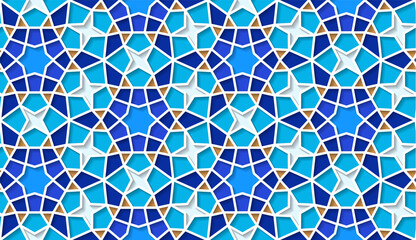 Arabic seamless girih pattern with classic islamic culture ornament. Colorful tiled background with shadow.