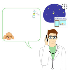 Night scene of the veterinary clinic with a speech balloon and veterinarian man on a cellphone 